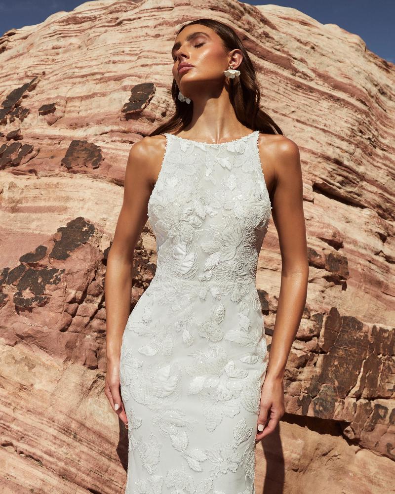 Lp2424 backless high neck wedding dress with lace and sheath silhouette3